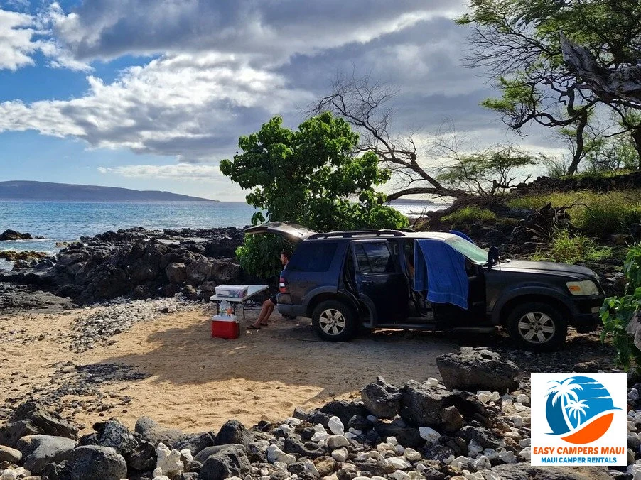 Easy Camper set up for camping beside the ocean on Maui